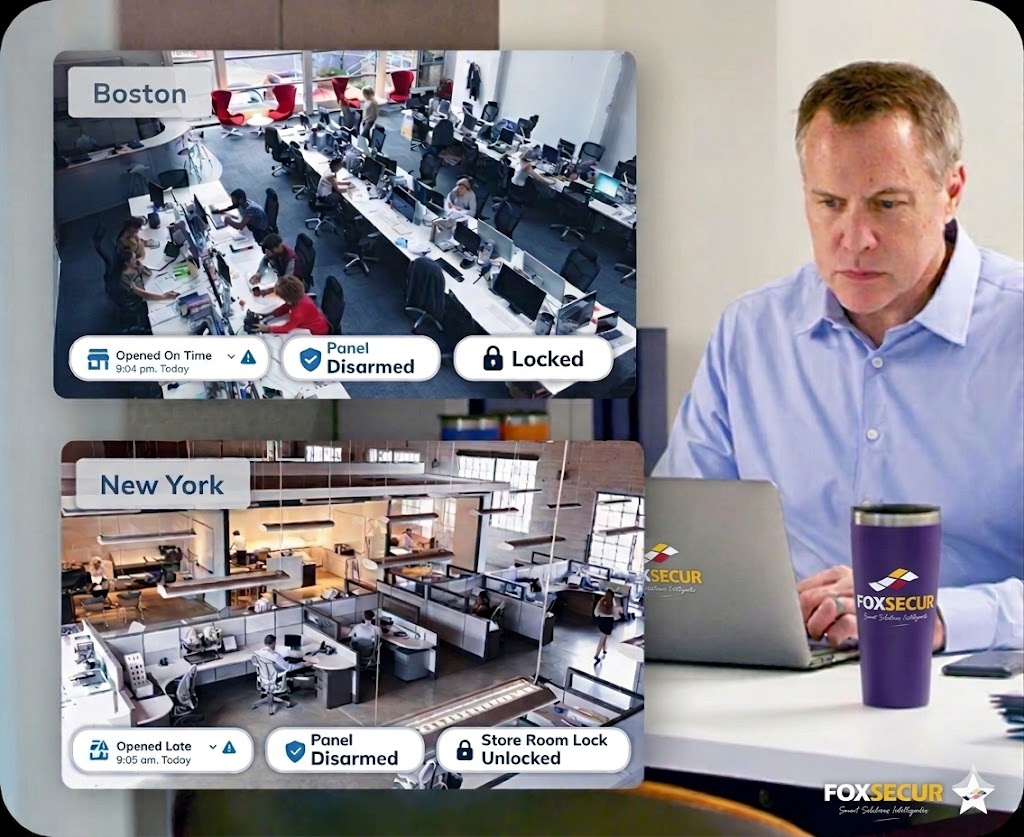 Business owner monitoring commercial security cameras and access control on a laptop