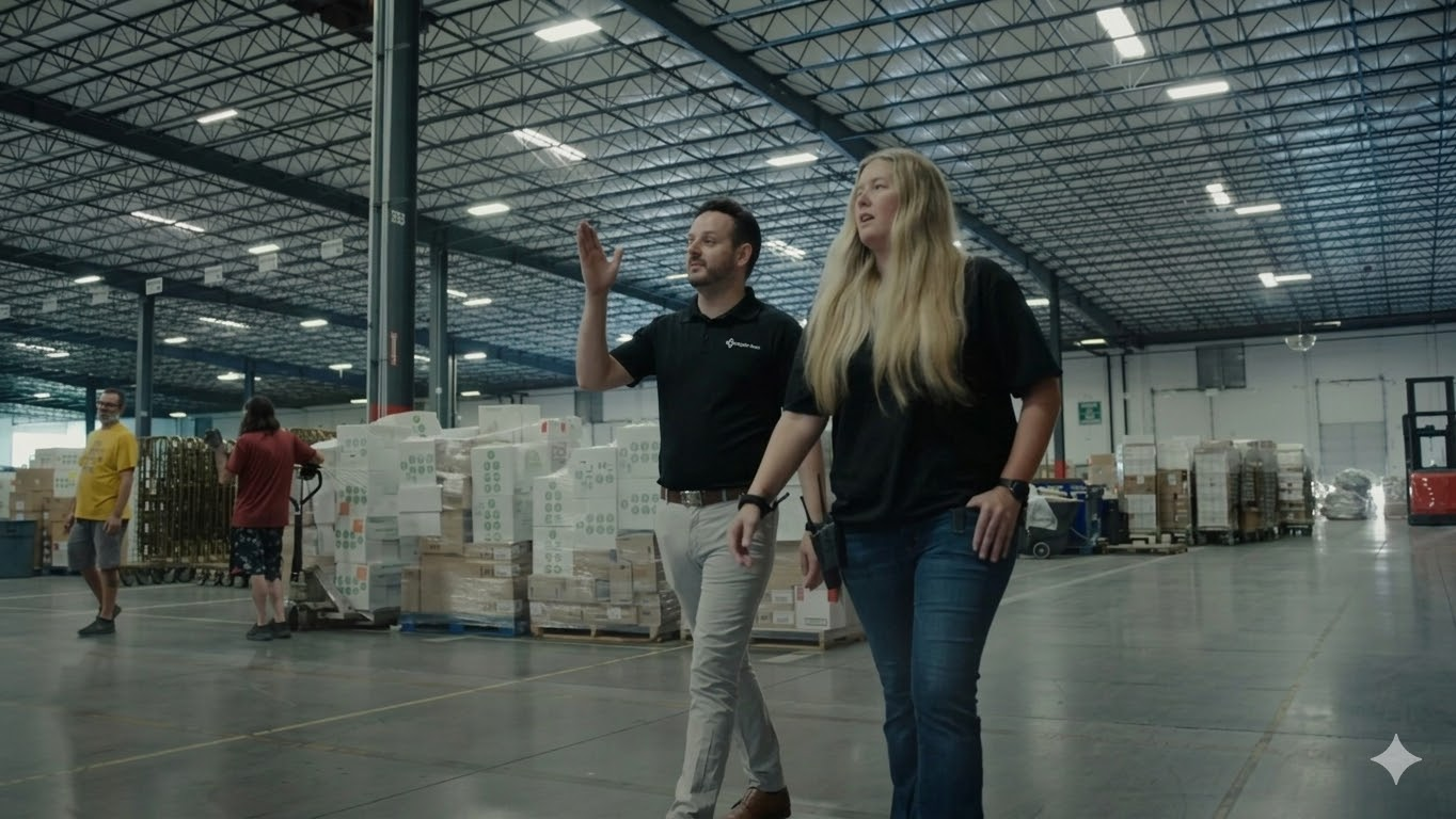 FoxSecur technicians consulting with a business client in a warehouse